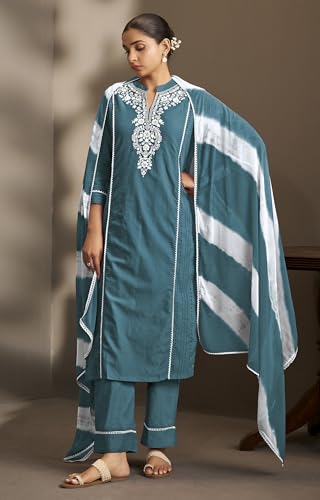 Image of DRESOUL Women Pure Cotton Schiffli Embroidered Kurta Set and Dupatta