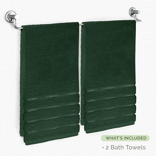Image of Elegant Comfort 100% Turkish Cotton 4 Lines Viscose Stripe Luxury 2 Pack Bath Towel Set 27 x 54 Inch - Super Soft and Highly Absorbent Premium Hotel Spa Quality Towels for Bathroom Use, Hunter Green