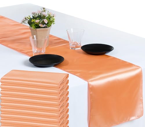 VDS Pack of 30 Satin Table Runners Charmeuse Sateen Silk Centerpiece Cloth Linen for Wedding Birthday Graduation Engagement Ceremony Event Party Banquet Table Decoration (12x108 inch)(Peach)