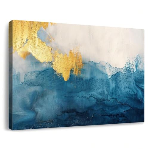 Tableau bleu clair avec feuille d'or et finitions soignées pour décoration chic