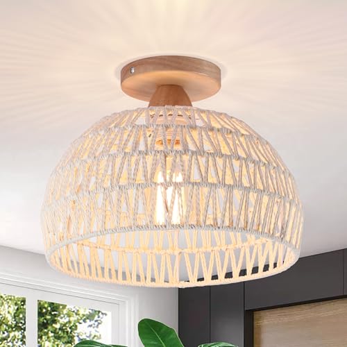 Oninio Rattan Ceiling Light,Boho Semi Recessed Ceiling Light,Handmade Lighting Fixtures,E27 Vintage Chandelier Rustic White Rattan Lamp for Living Room Bedroom Dining Kitchen Bulb not Included