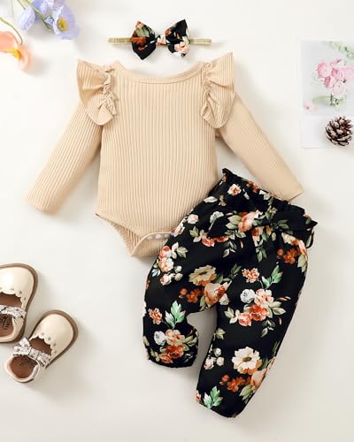 veikimous 12-18 Month Girl Clothes Baby Girl Fall Winter Khaki Outfits Infant Pants Set Clothing with Headband - Thumbnail 2