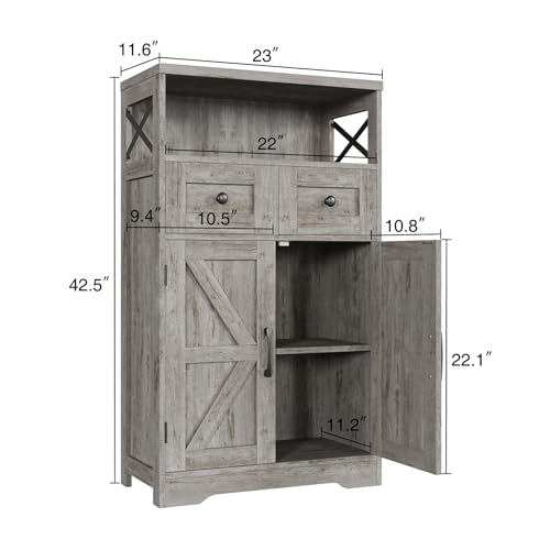 Befrases Farmhouse Storage Cabinet with Drawers and Adjustable Shelves, Freestanding Kitchen Pantry Storage Cabinet, Floor Storage Cabinet Cupboard for Dining/Living Room/Home Office, Washed Grey