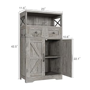Farmhouse Storage Cabinet with Drawers and Adjustable Shelves Freestanding Kitchen Pantry Storage Cabinet Floor Storage Cabinet Cupboard for DiningLiving RoomHome Office Washed Grey