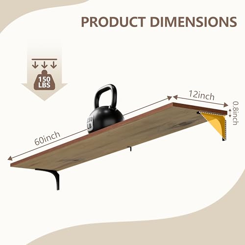Image of Deep Floating Shelves, 12 Inch Extra Wide Solid Wood Wall Shelves, 60 Inch Long Heavy Duty Wall Mounted Bookshelf for Living Room, Kitchen and Bedroom, Set of 3 (Brown)
