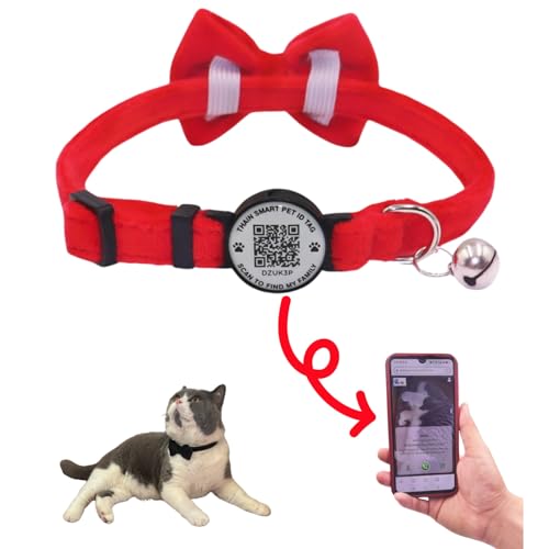 THAIN Collar de gato personalizado con campana y pajarita Breakaway código QR, etiqueta de identificación inteligente, liberación rápida, suave y cómodo para gatos y gatitos (rojo)