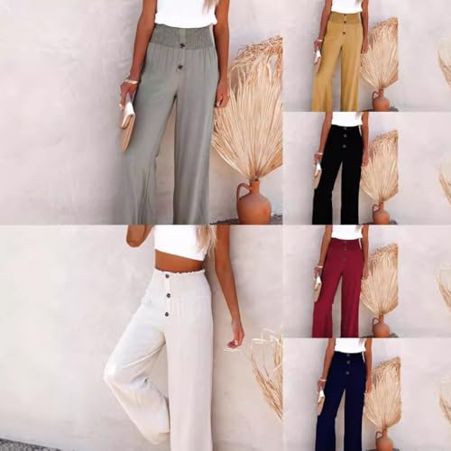 Sakesfor Linen Blend High Rise Smocked Pants, Linen Pants Women, Summer High Waisted Cotton Linen Palazzo Pants2
