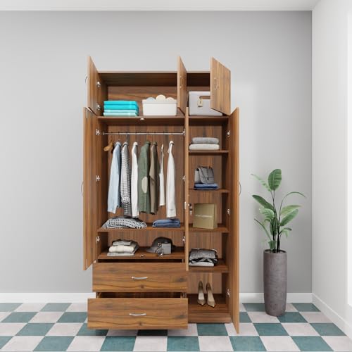 Image of VIKI Wardrobe | Wooden Almirah for Clothes,Door for Bedroom, 3 Door LoftWardrobe with Drawer, Mirror & Hanging Space (Brussel Walnut - 40D x 120W x 220H) | 1 Year Warranty | Free Assembly