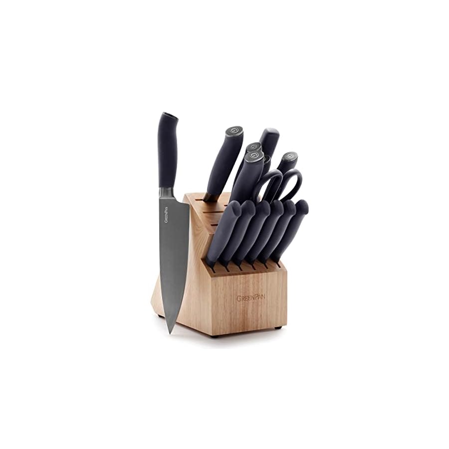 GreenPan-Titanium-15-Piece-Knife-Block-Set-Titanium-Coated-Stainless-Steel-Eco-friendly-Ergonomic-Grip-Slip-Resistant-Balanced-Heat-Treated-Hand-Sharpened-Dishwasher-Safe GreenPan Titanium 15-Piece Knife Block Set, Titanium Coated, Stainless Steel, Eco-friendly, Ergonomic Grip, Slip Resistant, Balanced, Heat Treated, Hand Sharpened, Dishwasher Safe