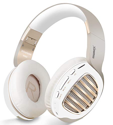 Holiday Deals 🛒 Bluetooth Headphones, Riwbox WB5 Bluetooth 5.0 Wireless Foldable Headphones Over Ear with Microphone, 5 EQ Sound Modes, Soft Memory-Protein Earmuffs, Wireless and Wired Headset for PC (White Gold)