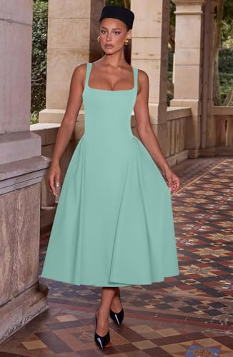 Image of Memoriesea Women's Elegant Square Neck Swing A Line Wedding Evening Party Midi Dress