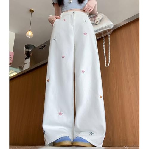Women's Kawaii Casual Straight Leg High Waisted Jeans Y2K Fashion Cute Colorful Star Embroidered Denim Pants4
