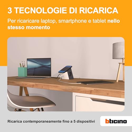 Bticino Multipresa Desktop S3714DBUW, Multipresa Elettrica 5 Posti, Caricatore Wireless 15W, Prese Usb A+C, 2 Prese Schuko, Ciabatta Elettrica Con Interruttore E Led, Spina Piccola 10A, Cavo 2 Metri - 4