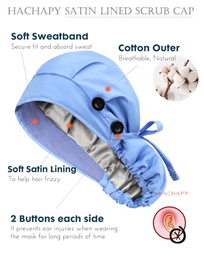 Ponytail Scrub Caps for Women Satin Lined Nurse Surgical Hats Ceil Blue - Thumbnail 4