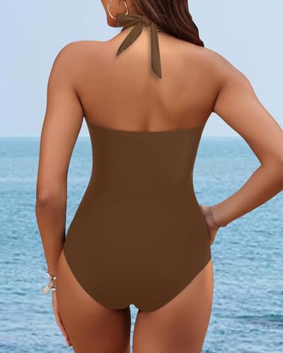 Image of Tempt Me Women Sexy Cutout One Piece Swimsuits Tummy Control High Waisted Halter Front Tie Knot Bathing Suit
