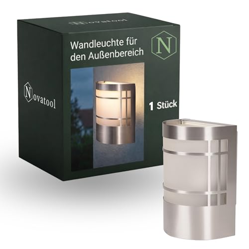 Novatool Wandleuchte I Edelstahl IP44 I E27 Sockel I 10,5x13,7x19 cm I Außenlampe Außenleuchte Garten Wandlampe Wandstrahler Außen Außenbeleuchtung Lampe Außenbereich Lampe außen Wand Outside lights