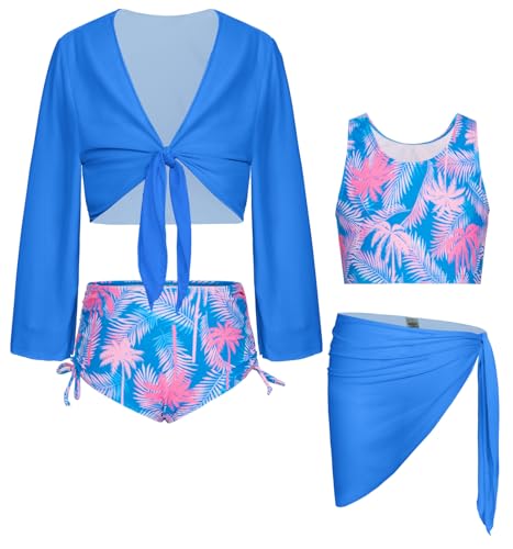 Image of GRACE KARIN Girls Bathing Suit Adjustable Taniki Swimsuit Tie Front 4 Piece Bikini Set with Kimono Cover Up 6-14