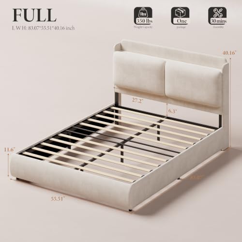 Image of Garvee Chenille Fabric Full Size Bed Frame with Recessed Shelf- Beige