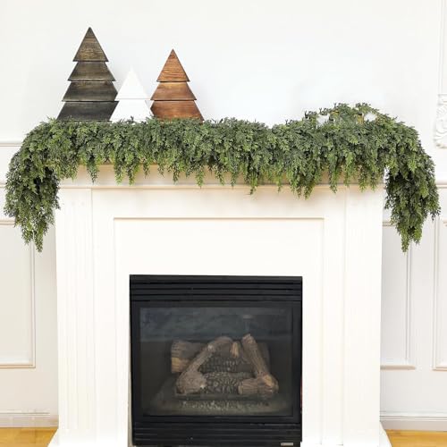 Guirnalda de cedro de Navidad artificial realista de 6 pies, guirnalda de pino de cedro sintético para el hogar, chimenea, interior y exterior, decoración de fiesta