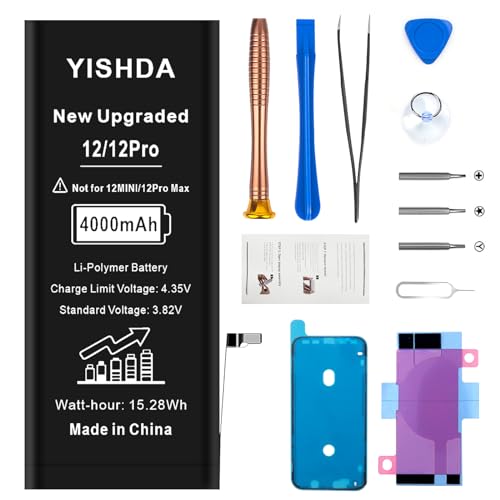 YISHDA - 4000mAh Upgraded Ersatz-Akku kompatibel mit iPhone 12/12pro, YISHDA Ultra hohe Kapazität 0 Zyklus A + Akku-Ersatz für iPhone 12/12pro, mit komplettem Reparatur-Tool-Kit