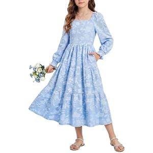 HOZIY Teen Girl Fall Floral Long Sleeve Wedding Guest Kids Dress 6-16 Years