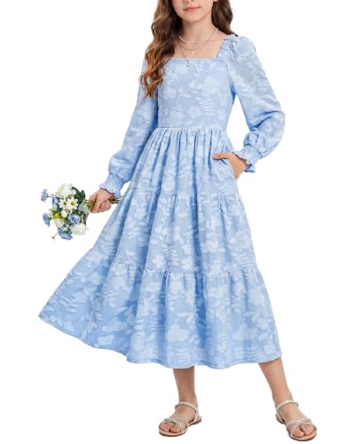 HOZIY HOZIY Teen Girl Fall Floral Long Sleeve Wedding Guest Kids Dress 6-16 Years
