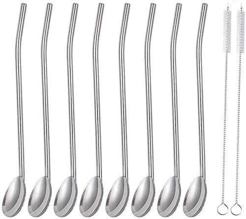 10 Edelstahl Löffel-Strohhalme Wiederverwendbar – Inkl. 3 Reinigungsbürsten Für Smoothies, Milchshakes & Kaffee (22 Cm)