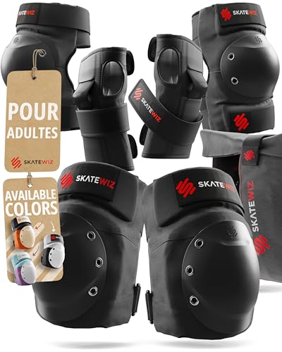SKATEWIZ Protection Roller Adulte - Protection Skateboard Adulte, Protections Roller Femme - Kit de Genouillère Trotinette Freestyle - Protege Genoux - Shield Taille L Le Noir
