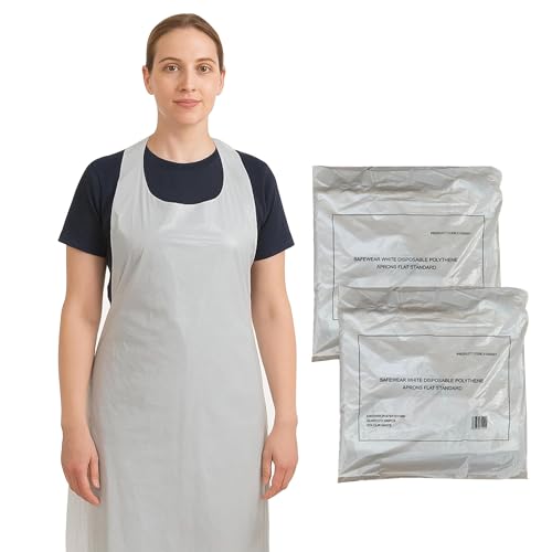 Abbey 200 Plastic Disposable Aprons for Adults – Waterproof, Food Safe Polythene White Aprons for Women and Men with Anti-Bacterial Additive – Catering, Medical, Cleaning, Hair & Beauty – 2x100 Pack