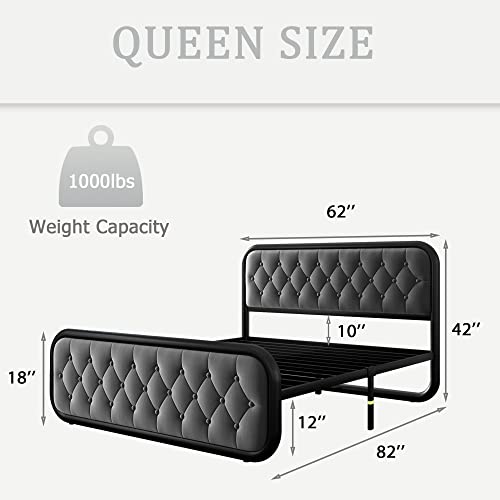 Ipormis Queen Size Platform Bed Frame With Velvet Button Tufted Headboard, Heavy Duty Metal Steel Bed Frame With Round Tube Support, 12" Underbed Space, Noise-Free, No Box Spring Needed, Grey #TOP1