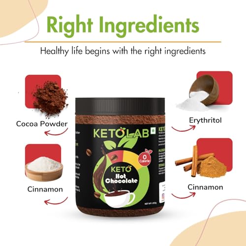 Image of Ketolab Sugar-Free Hot Chocolate Mix 200g. 1.6g Net Carb. Zero added Sugar, Low Carb, Low Calorie. Sweetened with Sucralose.