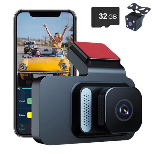 1080P WiFi Dual Dash Cam with Night Vision, Memory Card Included, Built-in Wi-Fi GPS, Night Vision, 150°Wide Angle, WDR, 24H Parking Mode (with 32G Memory Card)