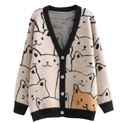 ebossy Cardigan en Tricot Jacquard pour Femme avec Motif Chat de Dessin animé Japonais, Beige, Taille L