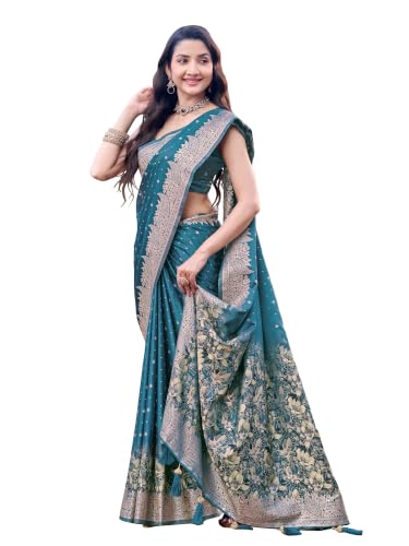 MANOHARI Teal Blue Satin Silk Jacquard Woven Saree with Zari Border and Unstitch Blouse Piece_MN2164