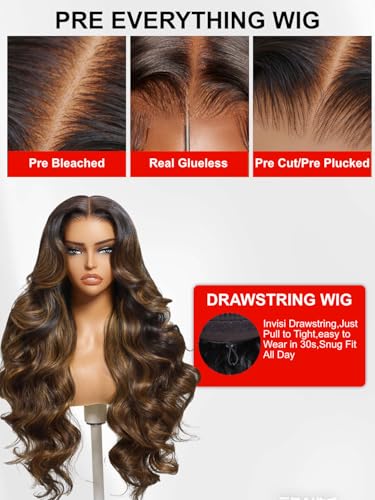 Image of Beauty Forever Balayage Brown Bye Bye Knots Glueless Wigs Human Hair Pre Plucked Pre Cut 7x5 Lace Front Wigs Elastic Drawstring Body Wave Bleached Knots Ready to Go Wig 150% Density 20 inch