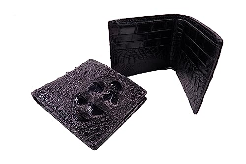 Genuine Crocodile Hornback Skin Leather Bifold Wallet with Crocodile Skin Interior ([C5] 6 Card Slots + 2 Compartment for Bills, Black)
