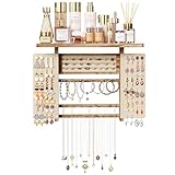 Emfogo Jewelry Organizer Hanging Wall Mounted Jewelry Holder, 5-in-1 Large Capacity Necklace Organizer Display for Ring, Necklaces, Bracelets, Earrings (Rustic Wood)