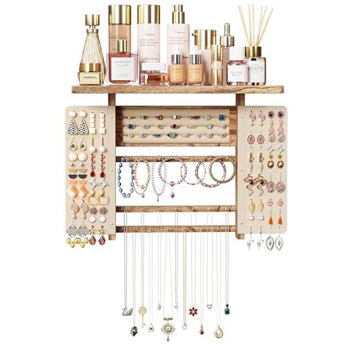 Emfogo Jewelry Organizer Hanging Wall Mounted Jewelry Holder, 5-in-1 Large Capacity Necklace Organizer Display for Ring, Necklaces, Bracelets, Earrings (Rustic Wood)