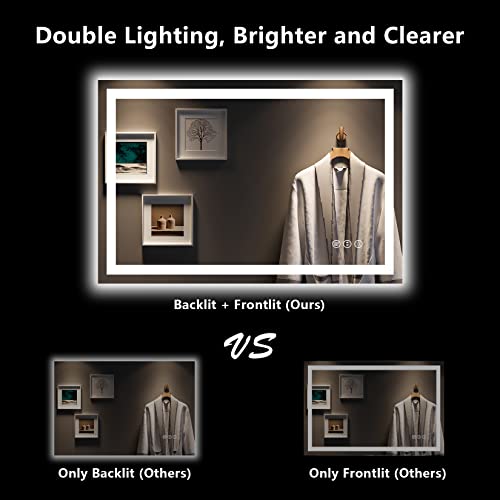Image of 48x32 Inch LED Bathroom Mirror with Lights Front and Backlit Lighted Vanity Mirror for Bathroom Wall with 3 Colors Dimmable Anti-Fog Memory Shatter-Proof IP54 Waterproof Horizontal /Vertical
