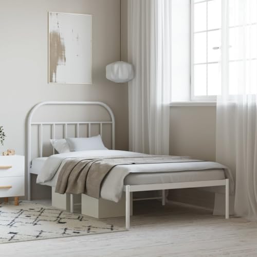 Keyroto Cama de matrimonio de hierro forjado con estructura de cama de matrimonio 107 x 203 cm, cama de hierro forjado con cabecero de metal blanco, 107 x 203 cm