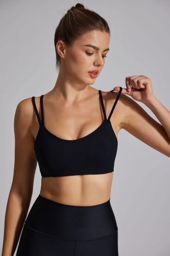 Image of Yoga Sports Workout Bras for Women Seamless Molded Cup Spaghetti Double Strap Bra Wirefree Scoop Neck Tank Top Bras