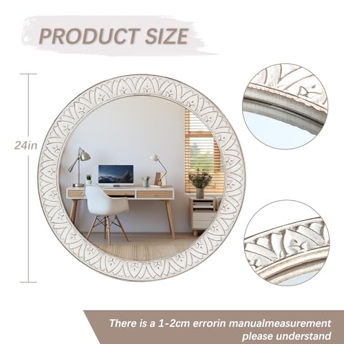 24" Round Mirror Farmhouse Wooden Frame Circle Mirrors, Rustic Decorative Distressed Wall Mounted Mirror for Bathroom, Bedroom, Living Room, Entryway, Fireplace, Hall - Image 4