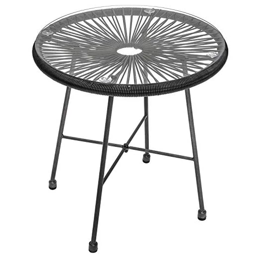 Viva Mesa auxiliar redonda de cristal para jardín Acapulco, color negro, 50 cm de diámetro, mesa de metal