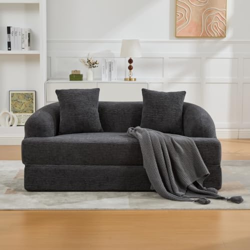 Sofá cama de dos plazas plegable en chenilla gris oscuro con 2 almohadas 2