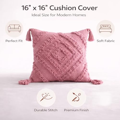 Image of SILK & YANA 16x16 Cotton Cushion Covers Set of 5 | Hand-Tufted Decorative Throw Pillow Covers with Boho, Geometric & Textured Designs | Tassel-Trimmed Covers for Sofa (Blush-Pink)
