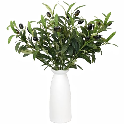 YELIKIT 5PCS Artificial Plants Olive Branch with Ceramic Vase, White Vase with Olive Branches Faux Greenery Stems for Home Office Farmhouse Wedding Table Centerpiece Decor,16.14/41cm Tall Display