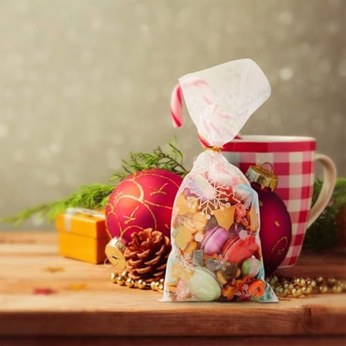 SULOLI 120 Stück Weihnachten Plätzchentüten,durchsichtige Schneeflocke Cellophantüten,Süßigkeiten Kekse Taschen mit Bindfäden für Kinder,Weihnachten,Party.