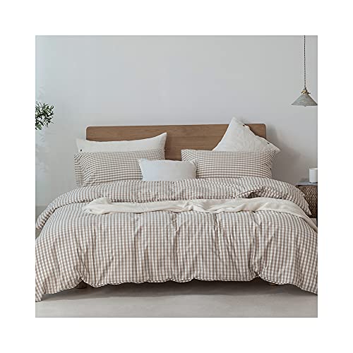 Image of F.Y.Dreams 100% Washed Cotton Duvet Cover for Weighted Blanket 60x80 inches with 16 Ties, Zipper on Long Side /Khaki and White Grid /Just Duvet Cover