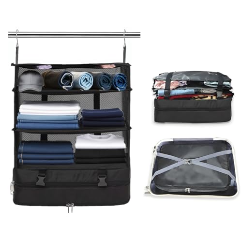 LMCHTTY Estantes de viaje colgantes, organizador portátil de compresión, organizador de almacenamiento, plegable, maleta, bolsa de almacenamiento, artículos esenciales de viaje, gran capacidad (negro,