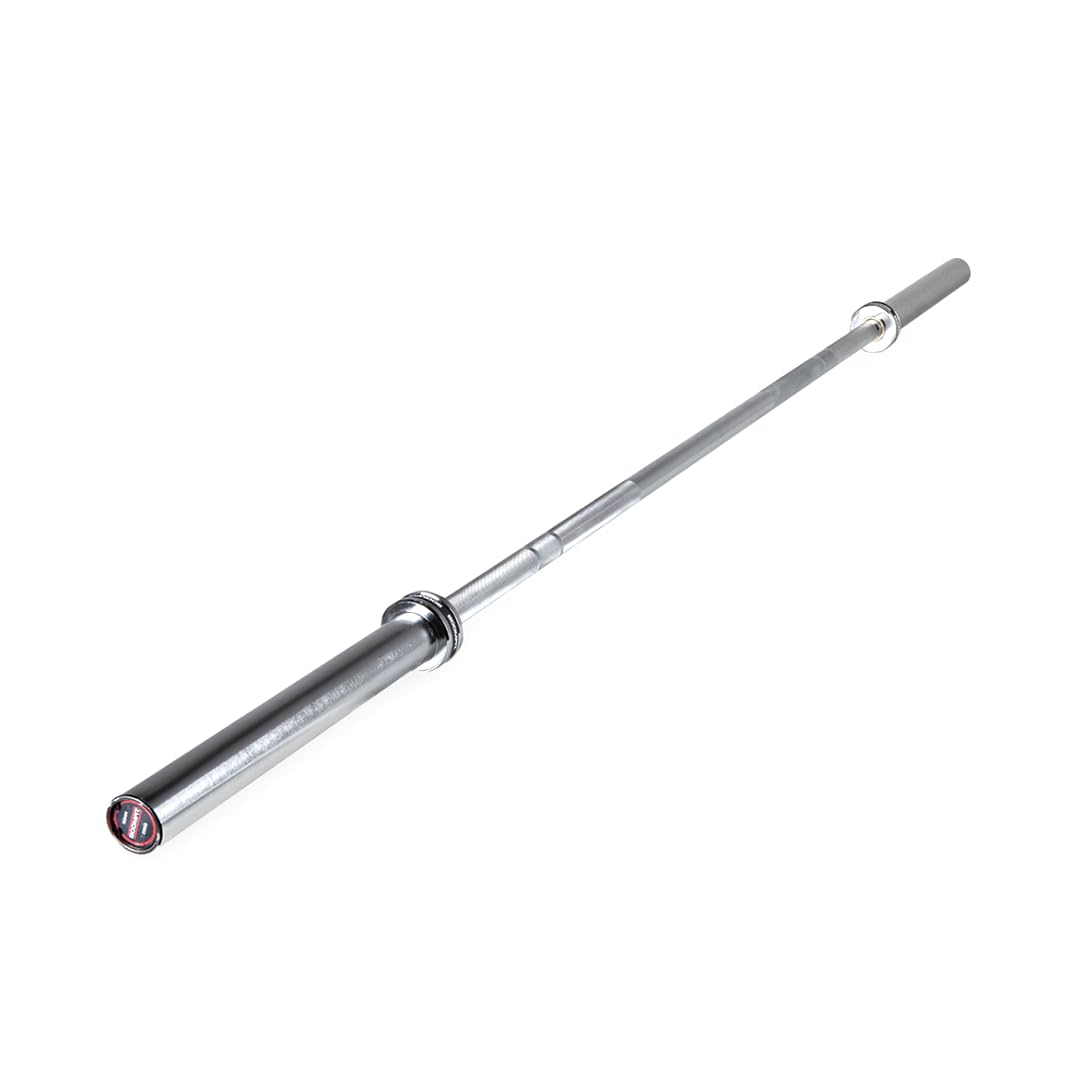 BOOMFIT Barras Olímpicas 9, 12, 15 y 20 kg | 120 a 220 cm, Mangas Ø50 mm | Acero con agarre estriado de 30 mm e interior de 81 a 130 cm | Incluye topes | Powerlifting, halterofilia y gym en casa